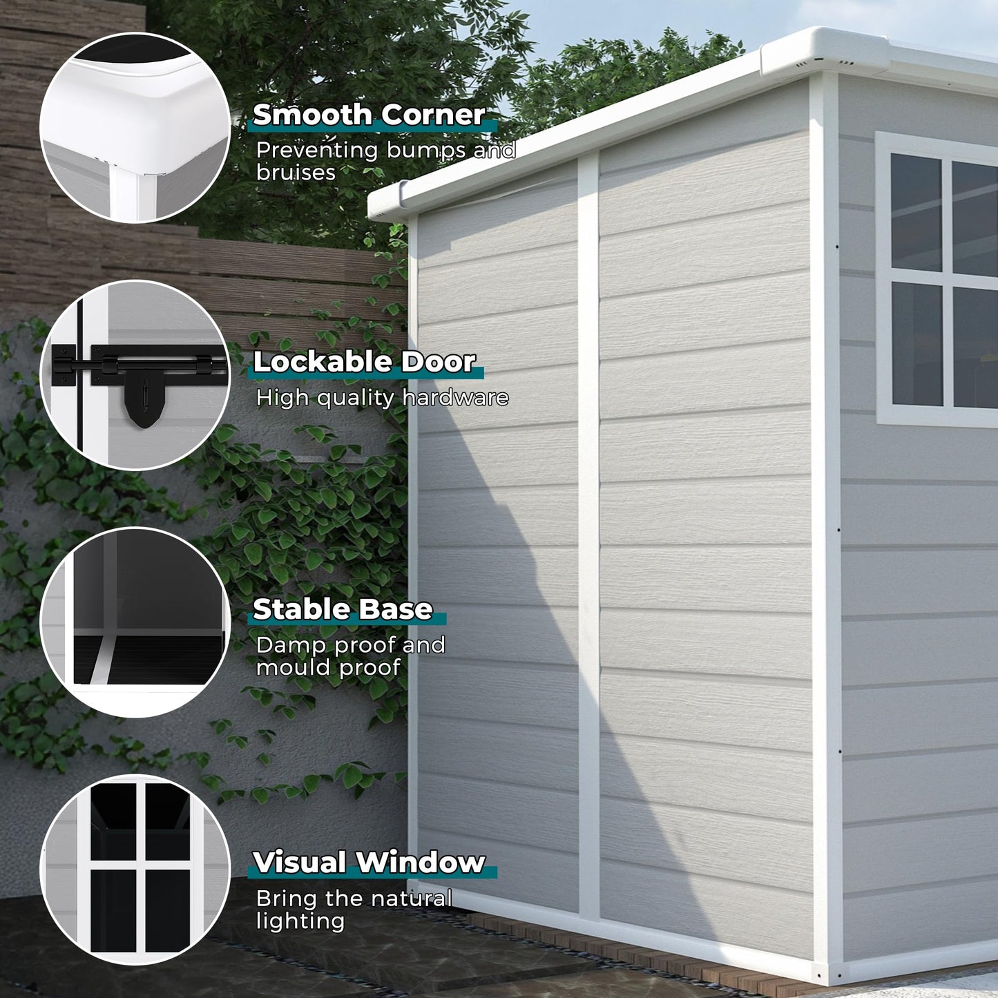 Outdoor Storage Shed 6x6 FT, Resin Lean to Shed with Floor, Window, Lockable Door, Waterproof Outside Sheds Patio Furniture Tool Shed for Bike, Garbage Can, Lawn Mower (Grey, 6 * 6ft)