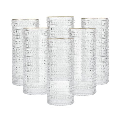 FORTESSA Jupiter Beaded Hobnail Glass Vintage Themed Drinkware Set, 10.8 Ounce Collins Highball Glass (Set of 6), Dishwasher-Safe, Clear/Gold Rim