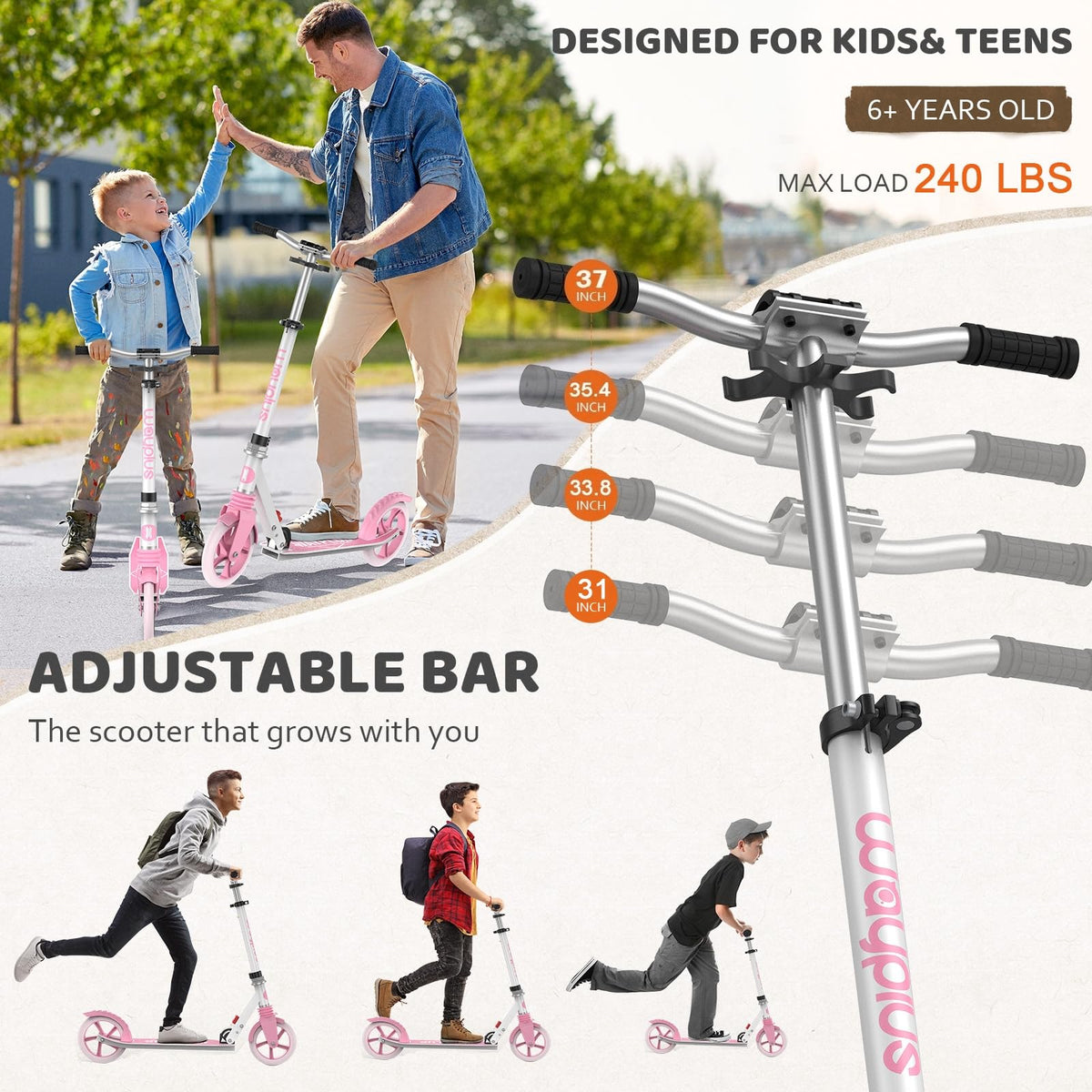 WAYPLUS Kick Scooter for Ages 6+,Kid, Teens & Adults. Max Load 240 LBS. Foldable, Lightweight, 8IN Big Wheels for Kids, Teen and Adults, 4 Adjustable Levels. Bearing ABEC9