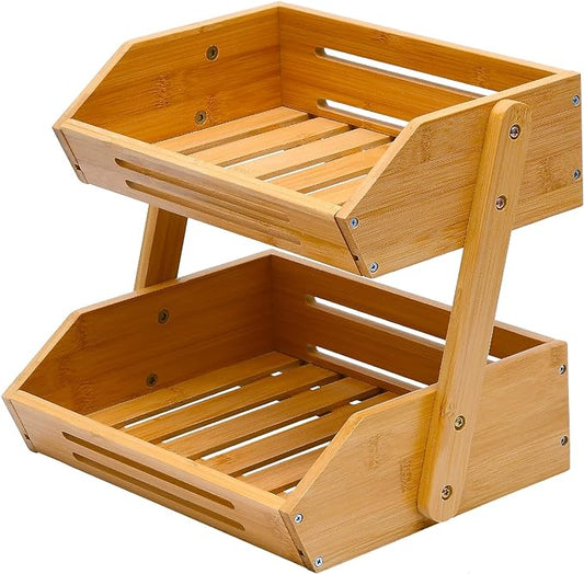 VIKEYHOME Fruit Basket, 2 Tier Bamboo Fruit Basket for Kitchen, 11" Tall Fruit Stand Storage Holder, Heavy Duty/Large Capacity for Vegetables, Fruit, and Snack, 15 mm Thickness (Self-assembly)