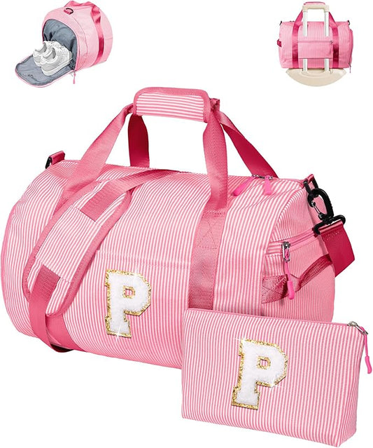 Birthday Gift Ideas, Girl Gym Bag, Kids Initial Overnight Duffel Bags with Shoe Compartment, Personalized Travel Bag with Makeup Pouch, Sweet Stuff for 9 10 11 12 Years Old Girls (Letter P)