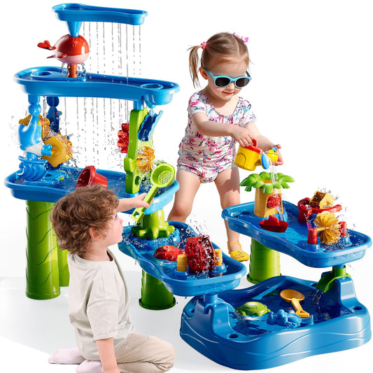 WATUDOU Water Table for Toddlers Kids 2 3 4 5 6 7 8, 5-Tier Sand Water Table with Rain Showers Pond, Kids Beach Summer Outdoor Sand and Water Sensory Table, Gifts for Kids Boys Girls Ages 3-5 4-8+