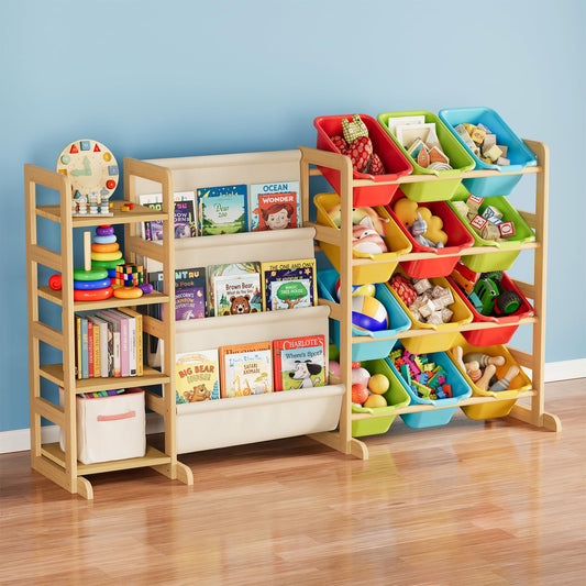 SpaceAid 3-in-1 Toy Storage Organizer with 4 Shelves and 12 Bins, Toy Organizers Storage 3-Tier Bookshelf, Kids Bin Shelf Box Bookcase for Bedroom Playroom Organization Room Decor, Multi-Colored