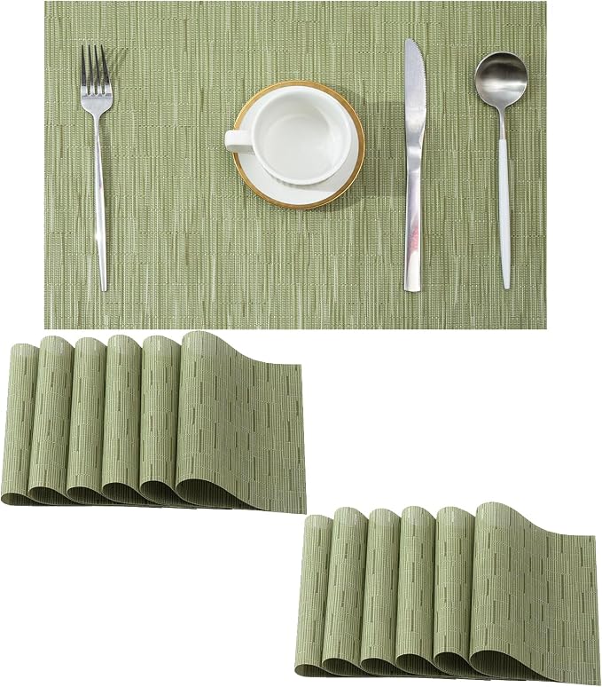 Leetaltree Pea Green Placemats Set of 12 - Heat Resistant Non-Slip Place mats for Dining Table, Washable Durable PVC Vinyl Woven Table Matsï¼Pea Green, 12ï¼