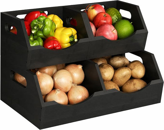Potato and Onion Storage Bin, 2 Tier Bamboo Kitchen Storage Rack, Stackable Ventilated Pantry Organizer with Handles for Garlic Peppers Vegetables, Countertop Produce Bins, Black(Assembly Required)