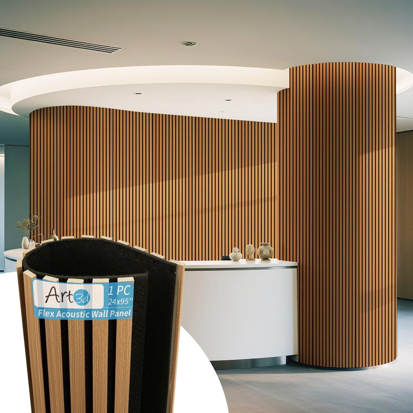 Art3d 1-Pack Acoustic Wood Slat Wall Panel with Roll-Flat Design - 95.3 x 23.8 Inch Sound Absorbing Panels for Living Room Columns Corridor Curved Wall Decor, Teak