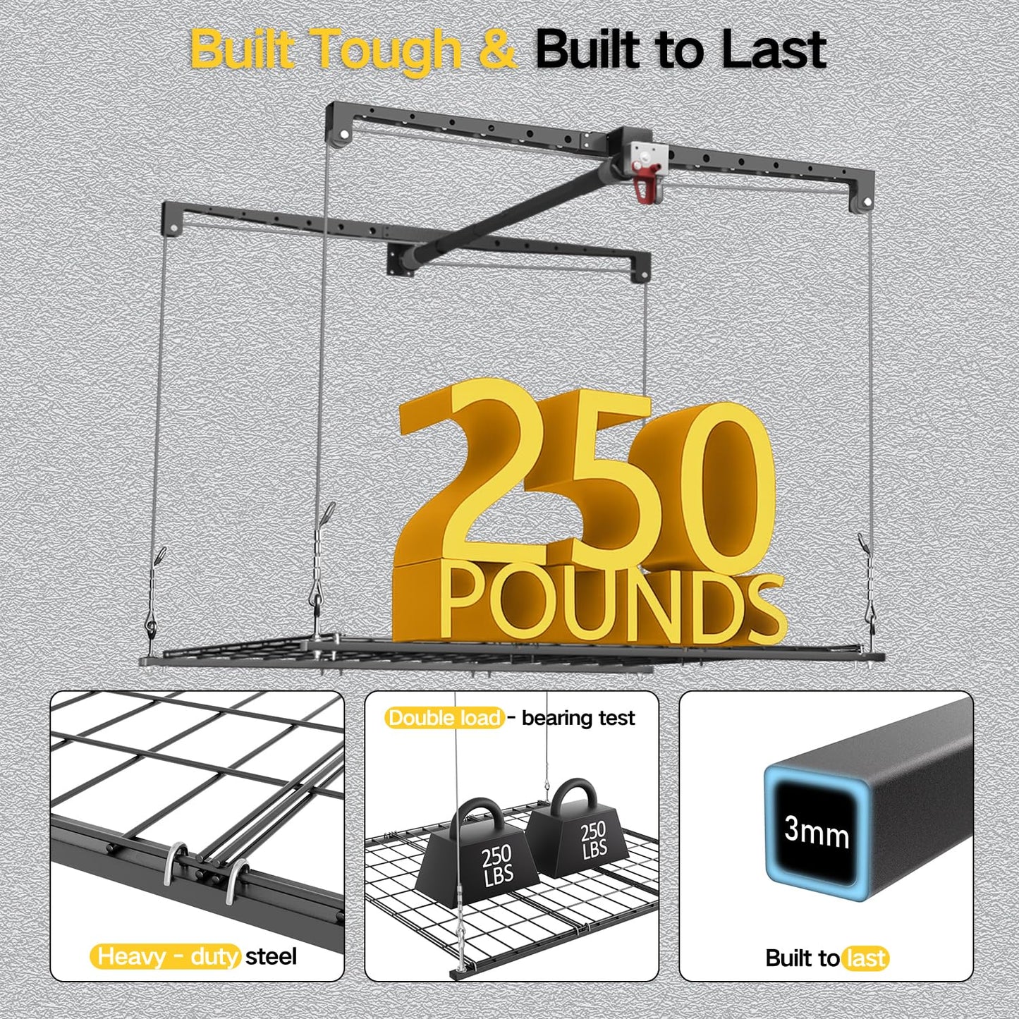 KOKORACKER Garage Ceiling Storage Rack, 4x4 Ft Adjustable Overhead Garage Storage Rack Lift, Heavy-Duty Ceiling Mounted Storage Lift System for Garage Organization, 250lbs Weight Capacity