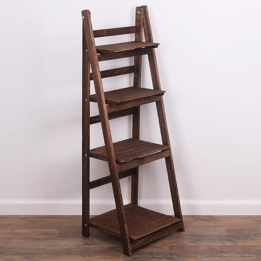 Ladder Shelf - Wooden Ladder Bookshelf - Leaning Bookshelf - Rustic Bookcase - Folding Bookcase (Dark Brown Ladder Shelf)