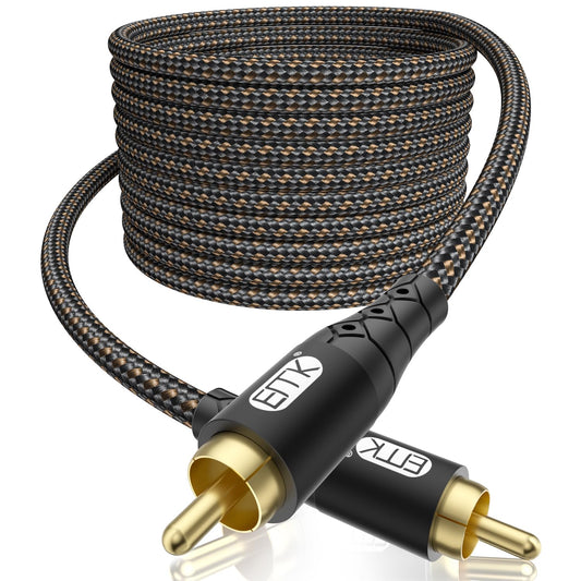 24K Black/25ft/8m EMK RCA to RCA Subwoofer Cable Gold-Plated Connector Nylon Braided Double Shielded Audio Cable