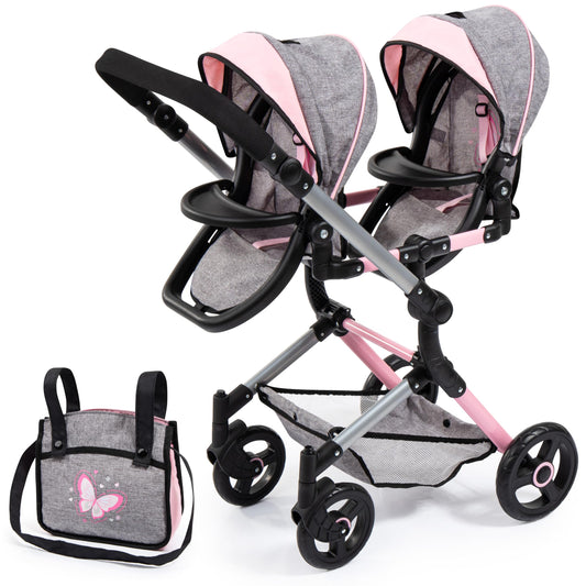 Bayer Twin Doll Pram Neo, Grey, Pink with Butterfly, Jean Look