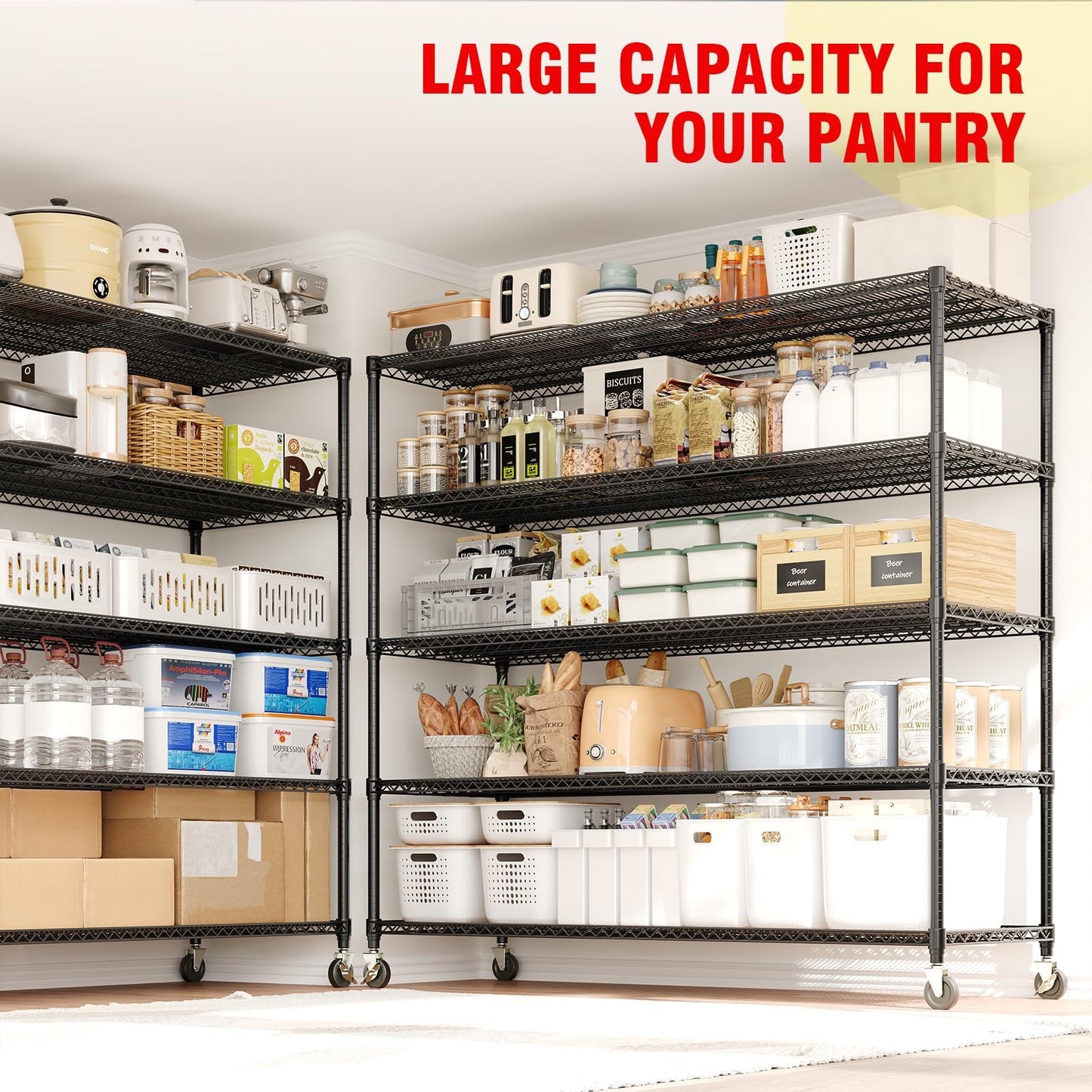 MilleLoom 5 Tier Metel Shelving with Wheels, Garage Storage Shelves Heavy Duty Rack Load 3300LBS, Ajustable Black Wire Shelving Unit, for Home Garage Basement, Easy Assembly, 59" W X 24" D X 82" H