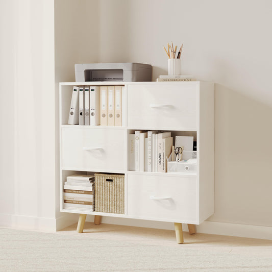 ELYUP Bookcase with Fabric Storage Bins - 6 Cube Organizer Display Bookshelf for Home Office, White