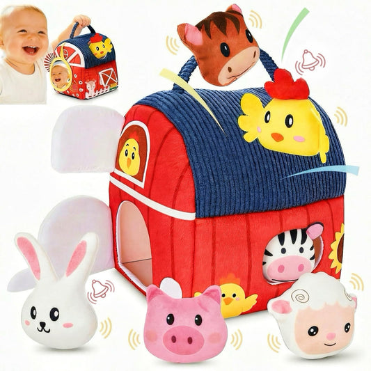 Baby Soft Toys 6-12 Months - Surprise Barn Stuffed Farm Animals House for Toddlers 1-3, Montessori Sensory Plush Toys for Infants, Rattle, Crinkle, Baby Learning Plush Toys for Babies Tummy Time