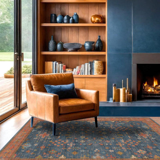 Regine Switzerland Washable 4x6 Area Rug - Stain Resistant Non-Slip Design for Living Room & Kitchen (Navy Blue)
