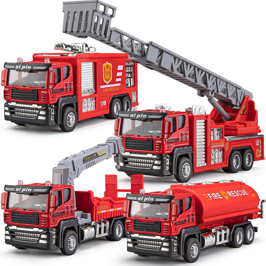 TAKGUD 4 Packs Metal Fire Trucks Playsets, Mini Friction Powered Vehicle, Including Fire Engine, Ladder Truck, Die-cast Tank, Tow, Realistic Design for Toddlers Boys, Kids Aged 3+ Years Old