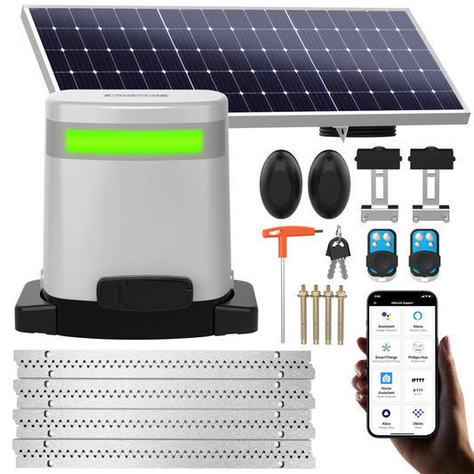 Blütezeit 1400lb Sliding Gate Opener, Solar Power | WiFi Control | Built-in Battery Backup, Rack Driven Automatic Slide Gate Motor with Remote Complete Kits (25W Solar Panel & Racks Incl.)