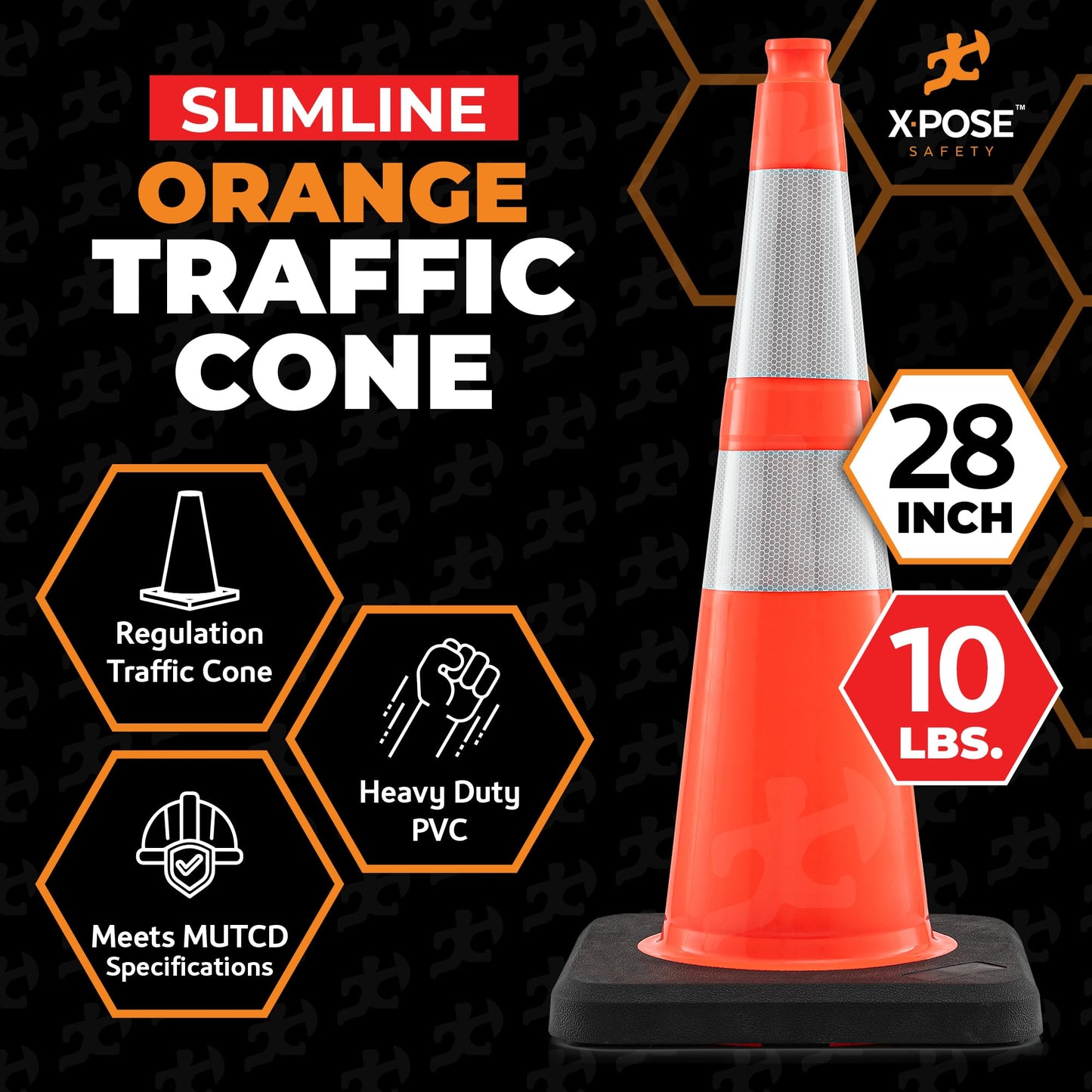 Xpose Safety 28 Inch Orange Slim Line Traffic Cones Heavy Duty 10lb with 6" & 4" Collars, 4 Pack Multipurpose PVC Plastic Safety Cone for Parking, Soccer, Caution, Kids & Construction - DOT Approved