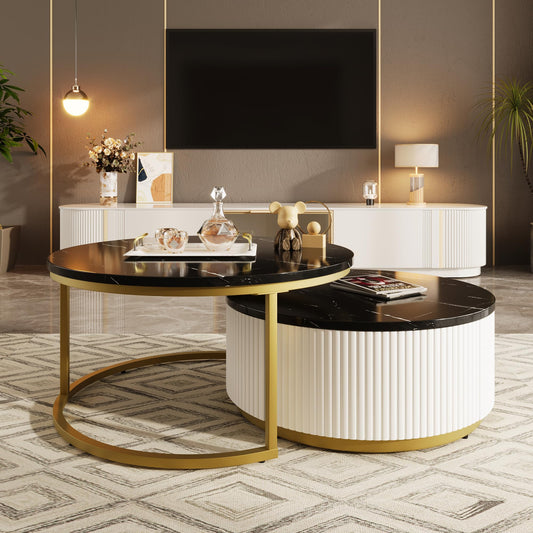 Ball & Cast Round Coffee Table Set of 2,Nesting Desk with Drawers,Smooth Durable Marble Tabletop and Fluted Design,Easy Care & Stain Resistance 31.5" for Bedroom,Living Room,Black & Gold