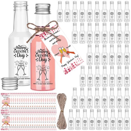 50 Pack Happy Galentine's Day Party Favors Mini Liquor Bottles 1.7oz/50ml Empty Plastic Reusable Small Alcohol Bottles with Silver Screw Caps Tags Twines for Wine Drinks Juicing Supplies
