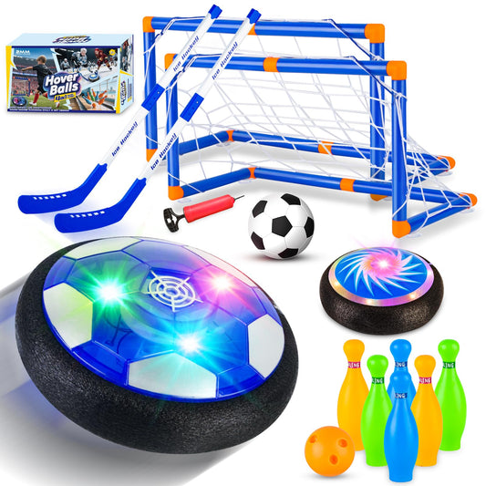 NEUBSAW 4-in-1 Hover Soccer Ball Hockey & Bowling Set, LED Air Floating Sports Toy for Indoor Outdoor Play for Kids Ages 3-12, Birthday for Boys Girls Toddlers