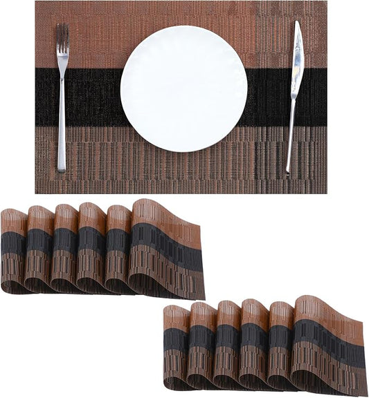 Leetaltree Brown with Black Striped Placemats Set of 12 - Heat Resistant Non-Slip Place mats for Dining Table, Washable Durable PVC Vinyl Woven Table Matsï¼Brown Stripe, 12ï¼