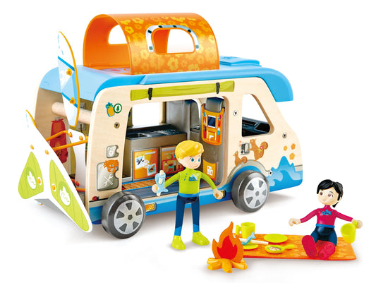 Hape Adventure Van| 23-Piece Wooden Pretend Play Camper Van Toy Set with Camping Accessories