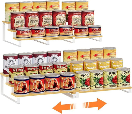 Expandable Can Organizer for Pantry, 3-Tier Adjustable Bamboo & Iron Can Rack for Cabinets, Easy Access Food Storage Shelf for Canned Goods, Soda & Soup Cans, Holds Up to 30 Cans, White