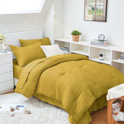 HYMOKEGE Twin XL Comforter Set - Mustard Yellow Seersucker 5-Piece Luxury Bedding Set