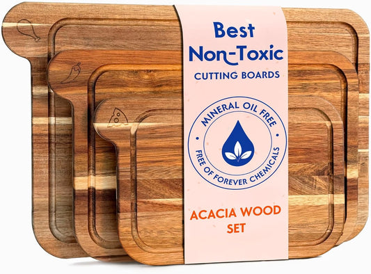 Ziruma Non-Toxic Cutting Boards Set | FSC Acacia Wood, Oil-Free | 3 Kitchen Chopping Boards