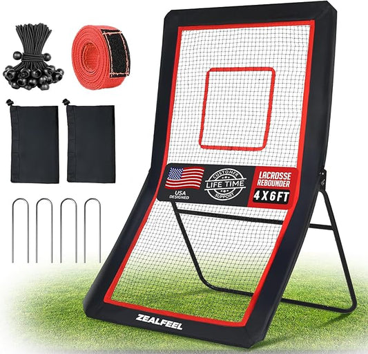 Lacrosse Rebounder, 4x7FT/4x6FT Lacrosse Rebound for Backyard with 5 Rebound Angles, Target Strip, Bounce Back Net Perfect for Lax Baseball Volleyball & Soccer Practice