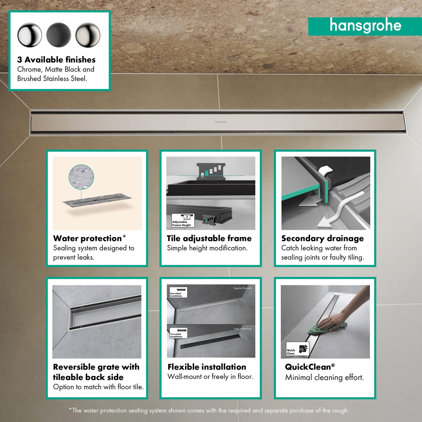hansgrohe RainDrain Match Linear Tileable Shower Drain for 59 1/8" Rough with Height Adjustable Frame in Chrome, Stainless Steel Rectangle Shower Floor Drain