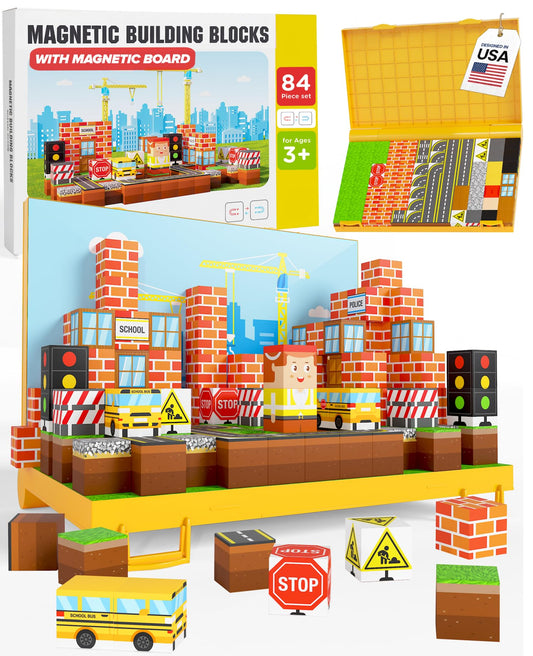 Gift-Ready Magnetic Building Blocks for Kids, Magnet Cubes — Construction Site Toy Building Sets with Magnetic Storage Board — 84-Piece Pixy Stacking STEM Building Toys for Boys & Girls Ages 3 to 12