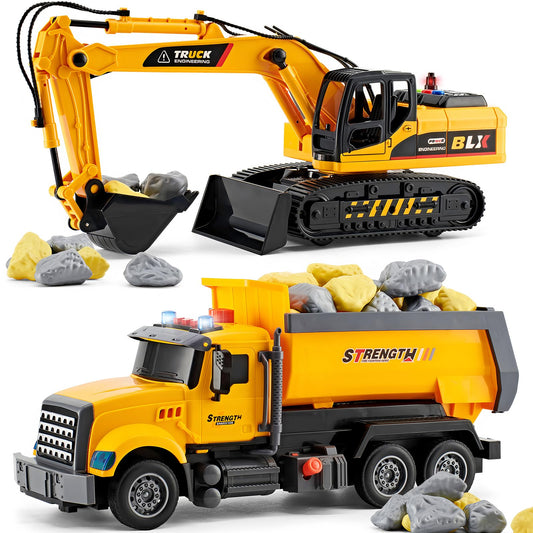 LerBao 2 Pack Large Construction Engineering Truck Toys,Moveable Claw Excavator & Lifting Back Dump Truck Toy for 3 4 5 6 7 8 Years Old Boys Kids Childs Toddlers Birthday