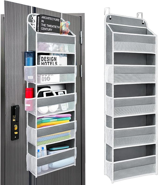 Easy Assembly Over The Door Organizer, 5 Shelves& 8 Side Pockets, Heavy-Duty Reinforced Mesh Rack Holds 44lb, Hanging Behind Door Storage for Bathroom Pantry, Nursery, Closet, Shoes, Towels-Grey