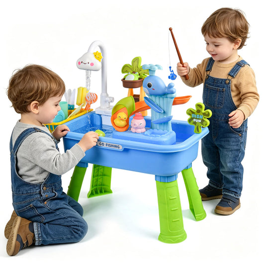 Upgraded Toddler Sand Water Table Toy with Electric Water Pump, Kids Sand Water with Faucet/Play Food Accessories/Fishing Toy, Kitchen Play Sink Toys for Girl Boy Age 3+ (Blue-Cloud)