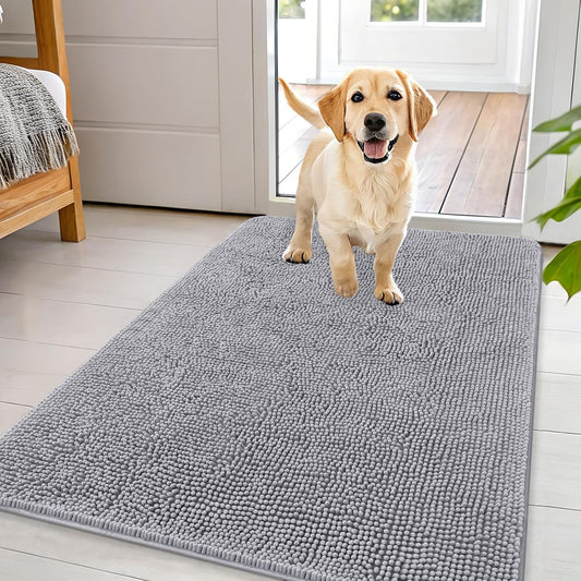 OLANLY Dog Door Mat - Absorbent Non-Slip Chenille Mat for Muddy Paws | Quick Dry, 44x32, Light Grey