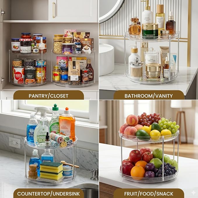 2 Set 2 Tier Non-Skid Acrylic Lazy Susan Organizer - Rotating Spice Rack - Turntable Spinning Organization for Kitchen, Pantry, Countertop, Closet, Bathroom, Vanity, Medicine Cabinet Organizing, 12''
