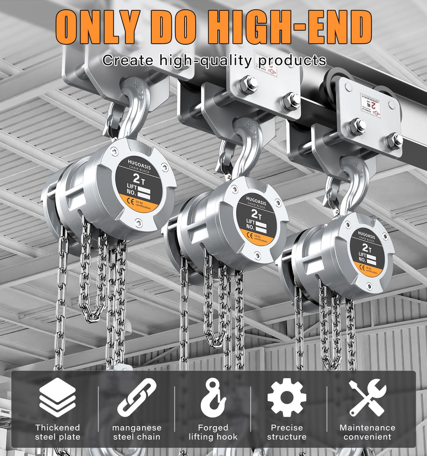 HUGOASIS Aluminum Alloy Hand Chain Hoist 2 Ton 4400lbs Capacity 10ft,Portable Dual Brake Chain Block with Galvanized Chain, 360° Swivel Hook for Garage Warehouse Construction, Workshop Lifting,Sliver