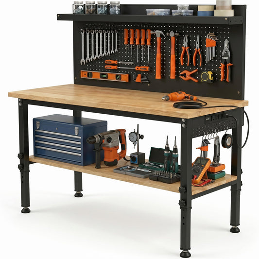 60'' Adjustable Workbench with Storage Shelf & Pegboard – Max Load 2000 LBS, Heavy Duty Rubber Wood Tabletop Tool Bench with AC/USB Outlet, Garage Organization, Work Benches for Workshop, Office