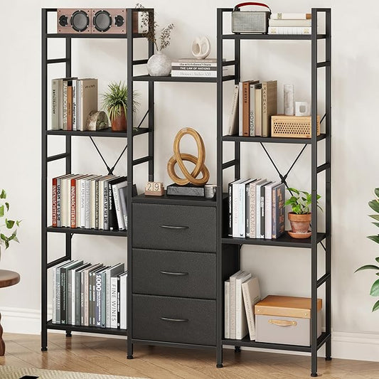 AFLUI Triple Bookshelf with 3 Fabric Drawers, 4-Tier Book Shelf and 10 Display Shelves, Industrial Large Bookcase for Home & Office, Black, 47'' Wide