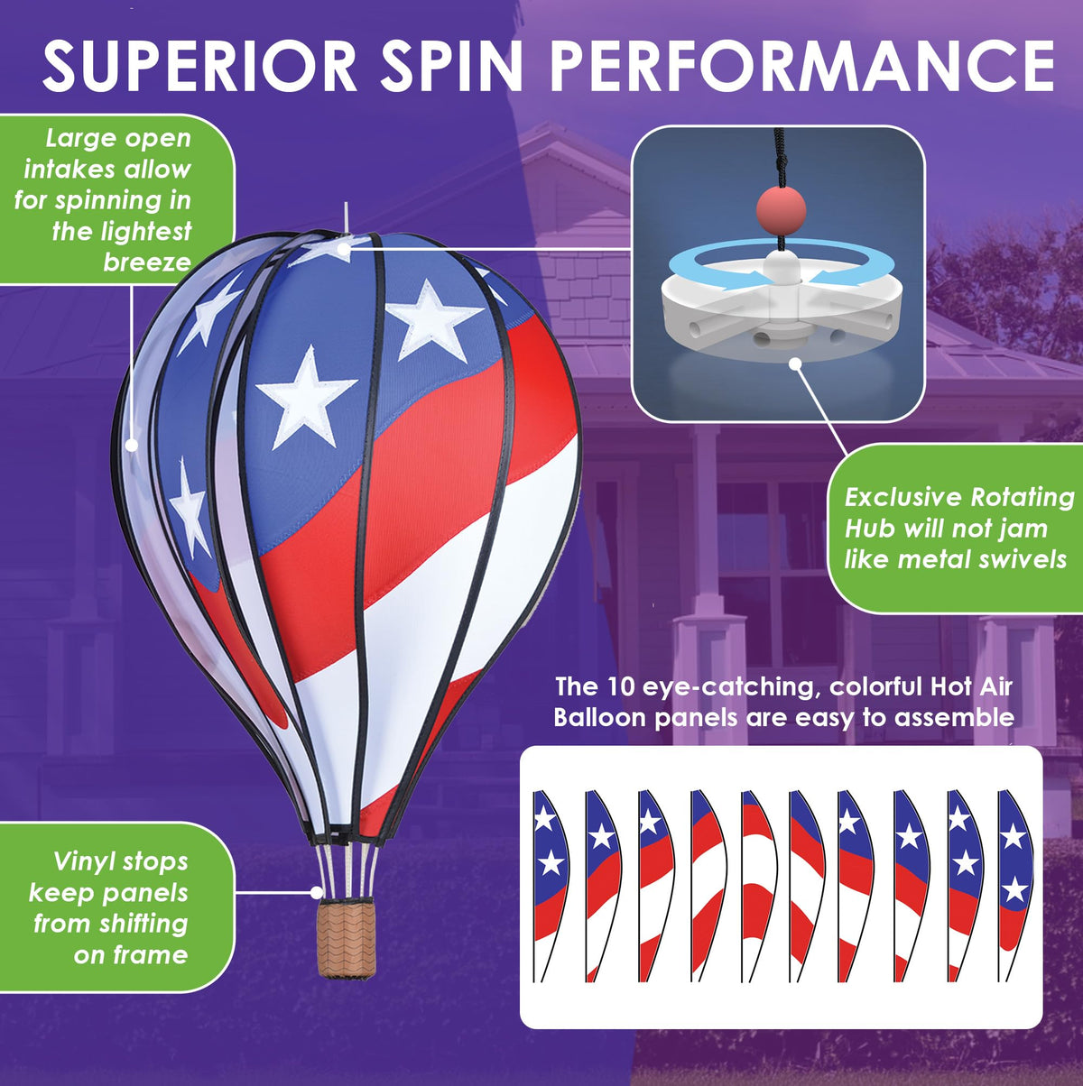 Hot Air Balloon Hanging Garden Spinner 22" - Vibrant Patriotic Design, Weather-Resistant Outdoor Decor, Durable & Lightweight for Patios, Yards, and Gardens - Eye-Catching Wind Spinner