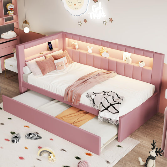 Bellemave Twin Size Upholstered Daybed with Trundle and USB/LED Belt, Corner Bed with Trundle. L-Shape daybed for Bedroom Living Room, Pink（Linen）