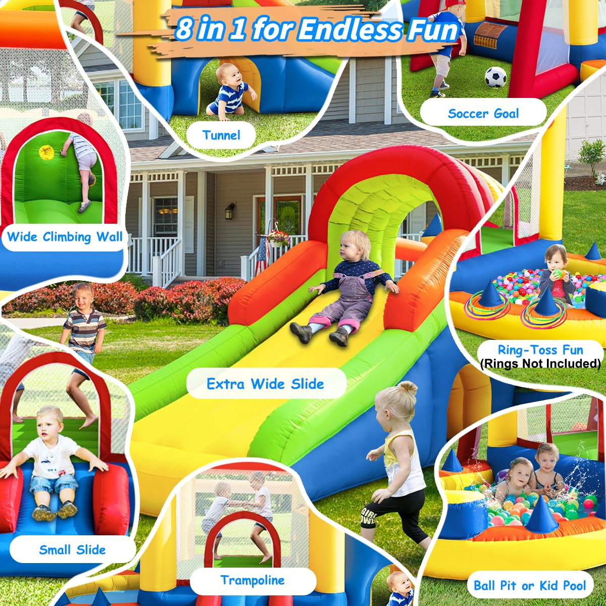 Hongcoral Inflatable Bounce House with Wide Slide, Splash Pool/Ballpit, Secret Crawl Tunnel & Soccer Goal, Multi-Activity Jumping Castle for Toddlers & Big Kids, Outdoor Backyard Playground