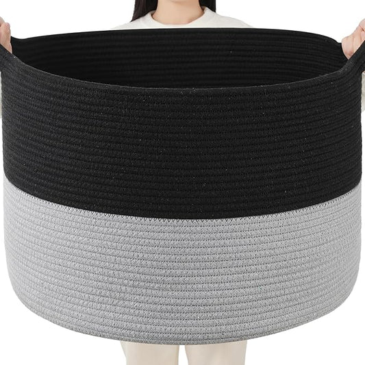 Foldable Laundry Hamper Basket with Collapsible Handle Cotton Rope Soft Woven Fabric Storage Organizer Clothes Toys Nursery Bedroom Dorm Space Saving Bin (Black & Grey, 65L(19.7"D x 12.6"H))