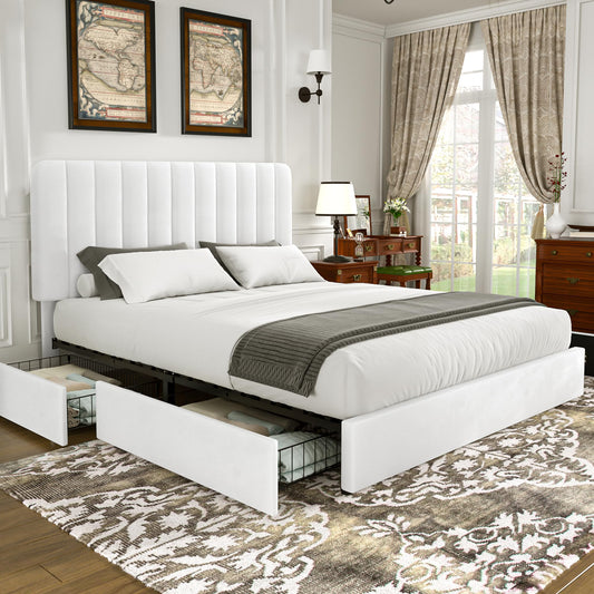 VECELO King Size Upholstered Bed Frame with 4 Drawers and Headboard, Velvet Platform Storage Bedframe, Wooden Slats Support, No Box Spring Needed,Snow-White