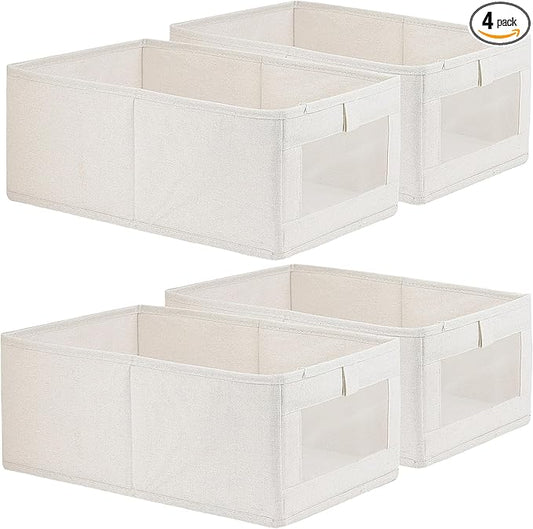 Fordonral 4 Pack Linen Storage Bins, Storage Containers for Organizing Clothing, Jeans, Toys, Books, Shelves, Closet, Wardrobe - Closet Organizers and Storage, Large Storage Boxes Baskets with Window