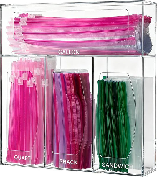 SEANADO Acrylic Zip Bag Storage Organizer, Bamboo Baggie Organizer Dispenser for Kitchen Drawer and Wall Mount，Compatible with Gallon, Quart, Sandwich & Snack Variety Size Bag(Clear)