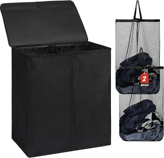 DOKEHOM 150L Extra Large Laundry Hamper with Lid, 2-Section Double Laundry Basket with Removable Mesh Liner Bags, Collapsible Clothes Sorter for Family, Bedroom, Laundry Room, Black
