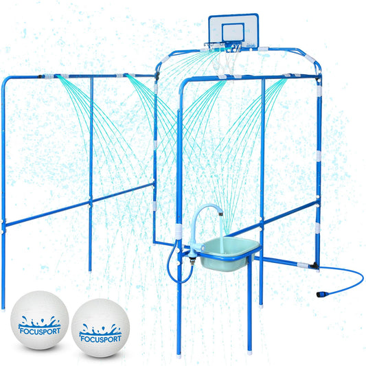 Focusport Backyard Water Park & Basketball Game Set, Heavy-Duty Steel Water Park Sprinkler Toy Game with 2 Basketballs, Water Basin & Faucet, Outdoor Summer Water Fun Play Toys for Kids & Family