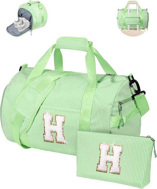 Birthday Gift Ideas, Girl Gym Bag, Kids Monogram Overnight Duffel Bags with Shoe Compartment, Personalized Travel Bag with Makeup Pouch, Sweet Girls Gift for Niece Sister Friend (Letter H)